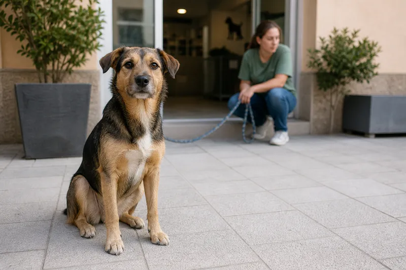 Perro rescatado junto a una voluntaria en la entrada de un refugio
